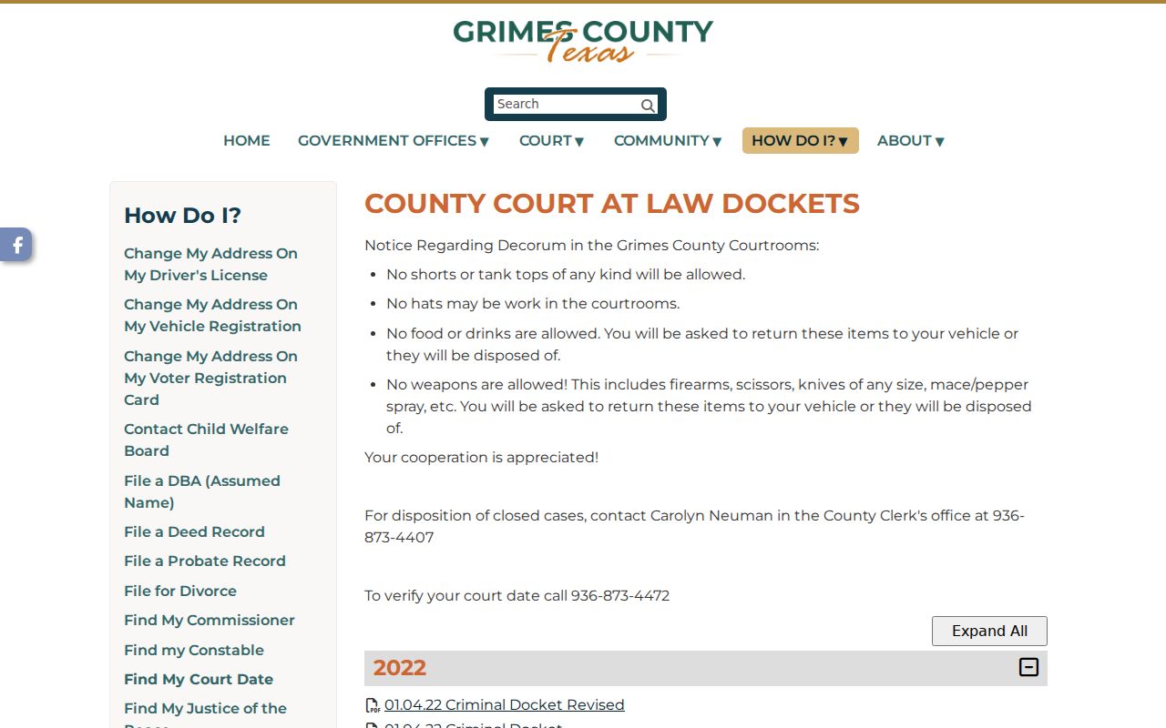 Grimes County criminal court cases County Court at Law dockets